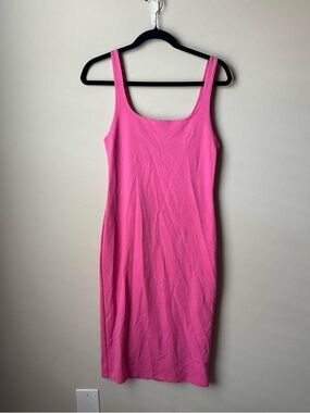 Zara Pink Knit Jersey Midi Scoop Neck Dress Barbiecore Large bubblegum hotpink